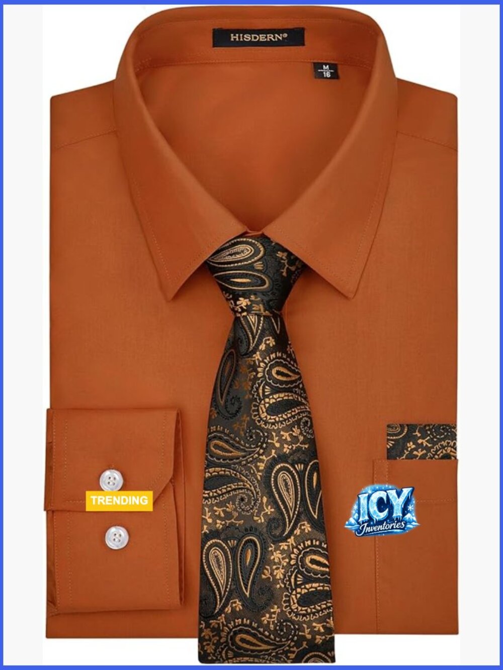 Mens Dress Shirt and Tie Set with Pocket Square Long Sleeve Button Down